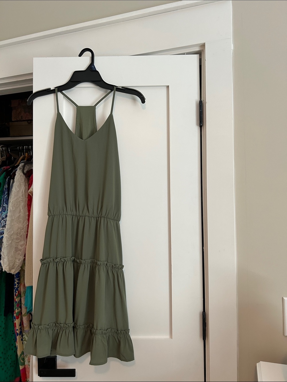 Olive Green Tiered Spaghetti-Strap Dress